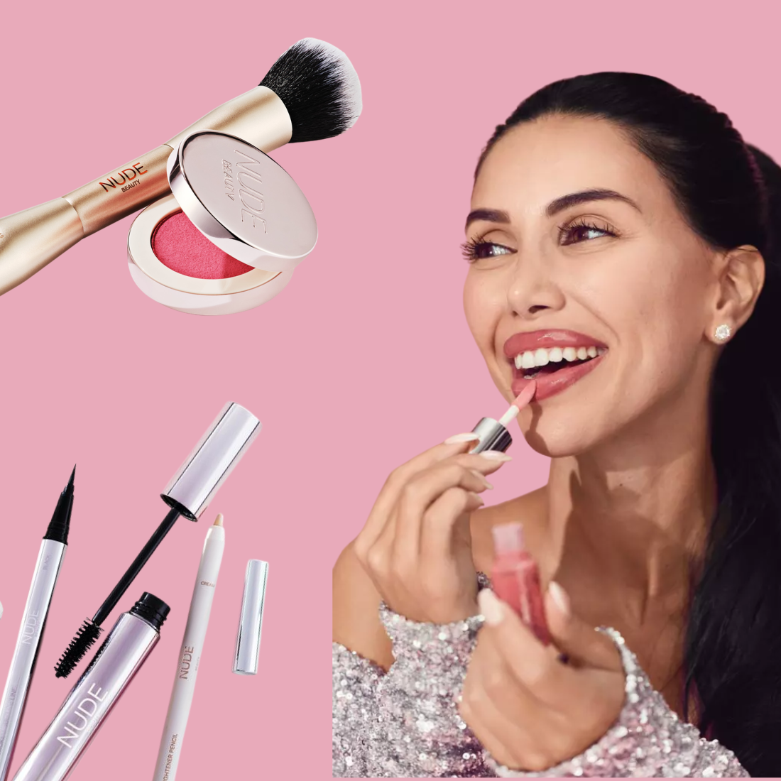 Isabel med makeupprodukter hero banner mobil